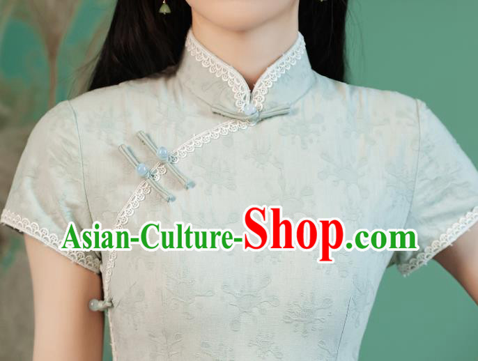 China Traditional Light Green Lace Qipao Dress National Young Lady Cheongsam