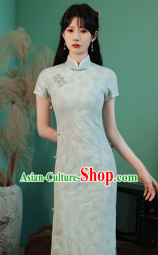 China Traditional Light Green Lace Qipao Dress National Young Lady Cheongsam