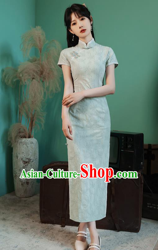 China Traditional Light Green Lace Qipao Dress National Young Lady Cheongsam