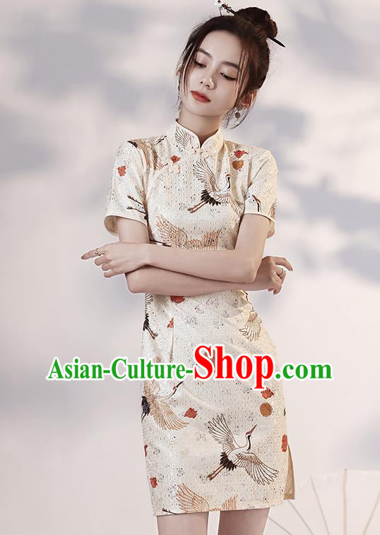 Chinese Modern Short Cheongsam Clothing Classical Printing Cranes White Qipao Dress