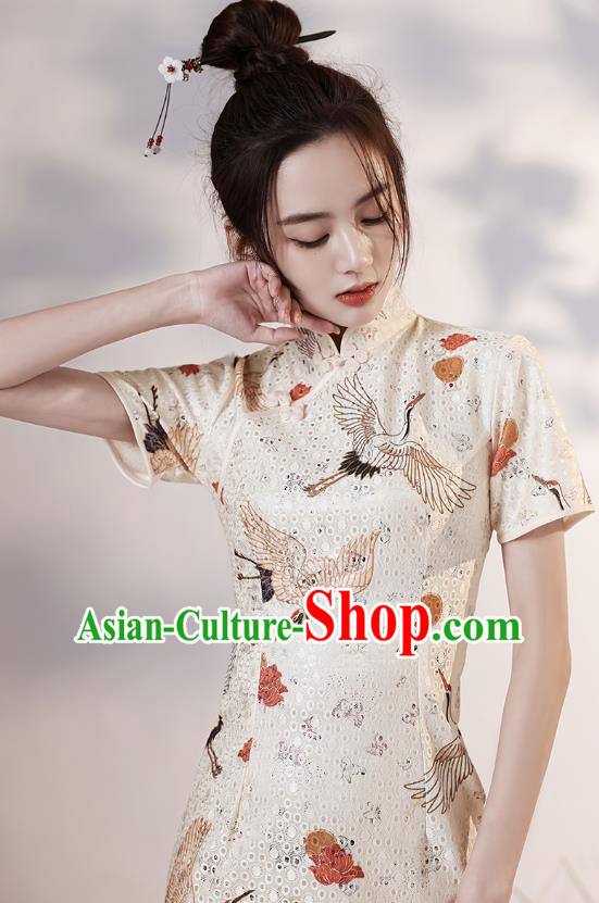 Chinese Modern Short Cheongsam Clothing Classical Printing Cranes White Qipao Dress