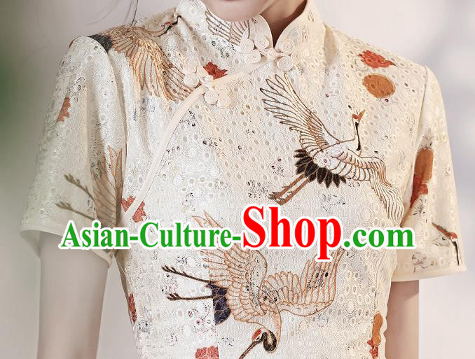 Chinese Modern Short Cheongsam Clothing Classical Printing Cranes White Qipao Dress