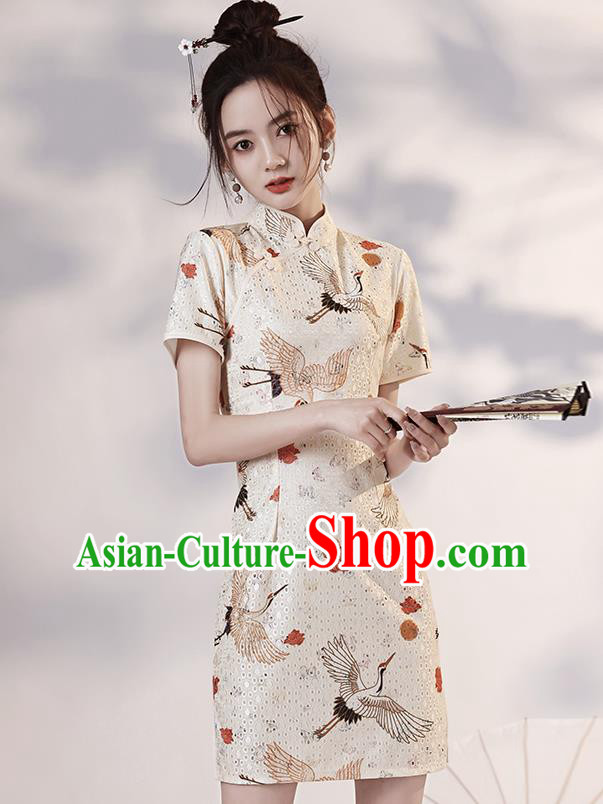 Chinese Modern Short Cheongsam Clothing Classical Printing Cranes White Qipao Dress