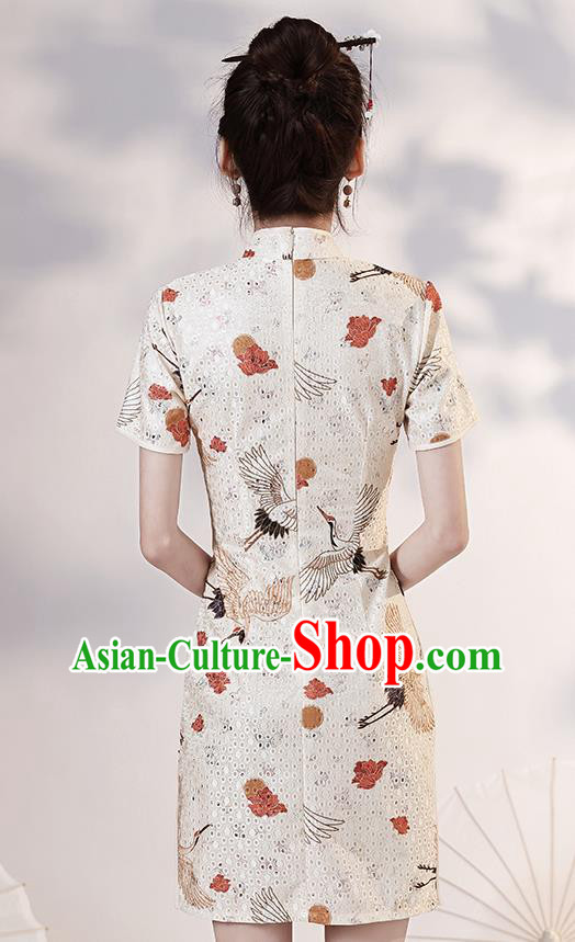 Chinese Modern Short Cheongsam Clothing Classical Printing Cranes White Qipao Dress