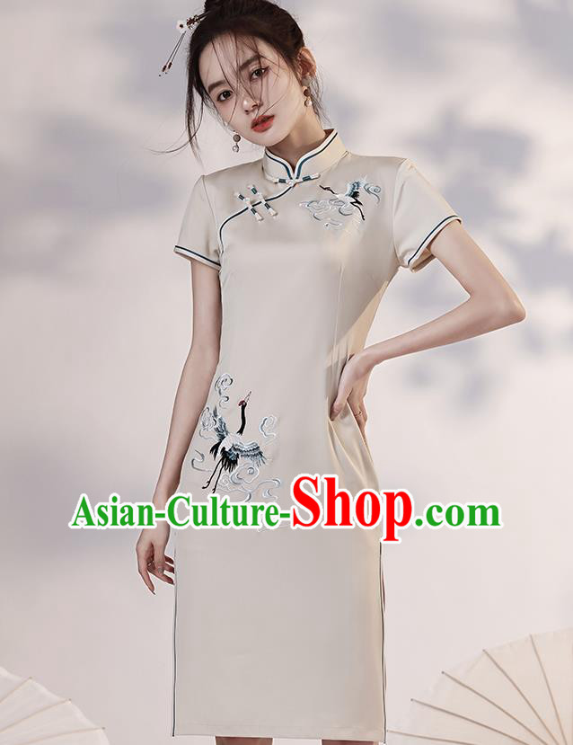 Chinese Embroidered Crane Short Cheongsam Clothing Classical Beige Satin Qipao Dress
