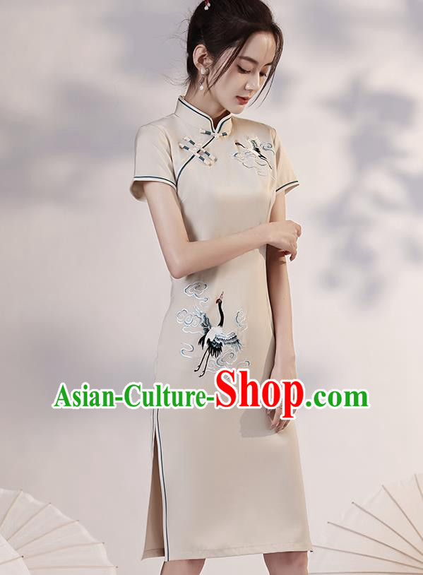 Chinese Embroidered Crane Short Cheongsam Clothing Classical Beige Satin Qipao Dress