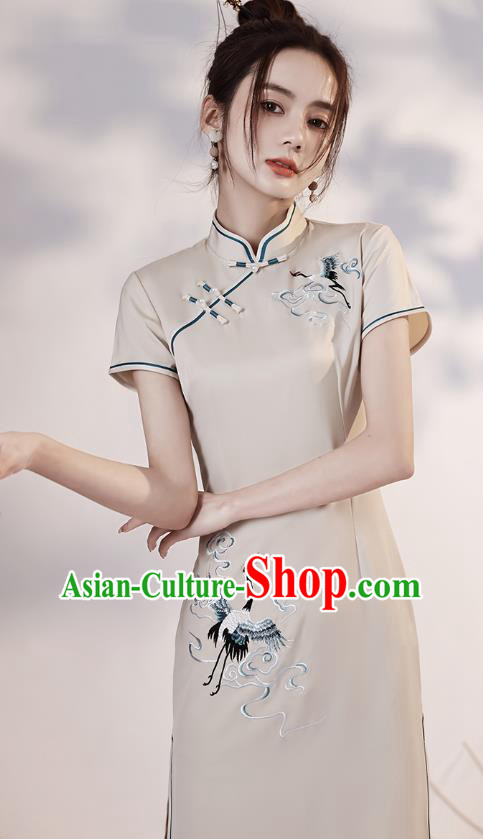 Chinese Embroidered Crane Short Cheongsam Clothing Classical Beige Satin Qipao Dress