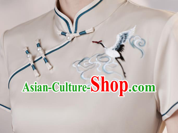 Chinese Embroidered Crane Short Cheongsam Clothing Classical Beige Satin Qipao Dress