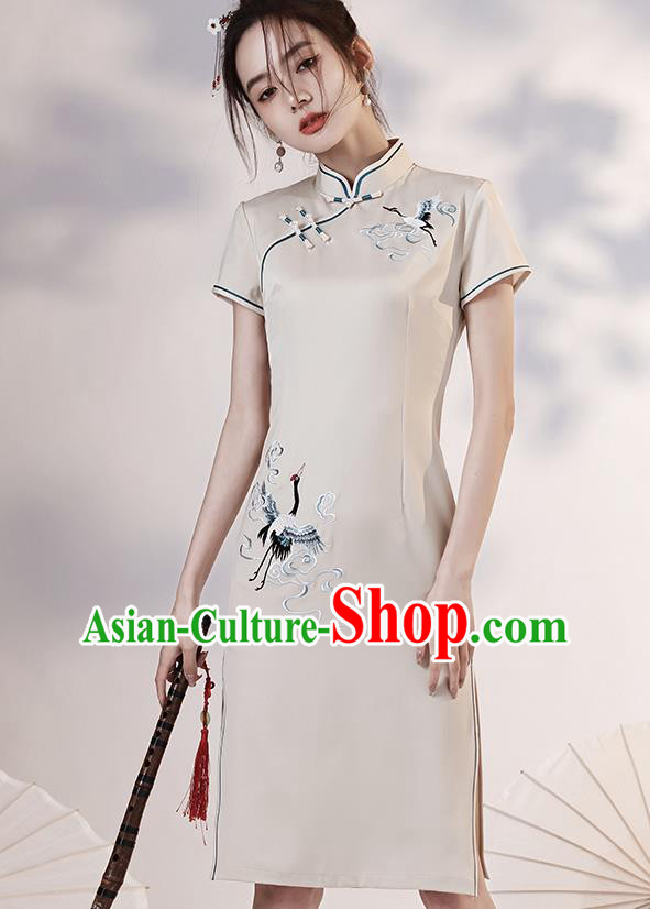 Chinese Embroidered Crane Short Cheongsam Clothing Classical Beige Satin Qipao Dress