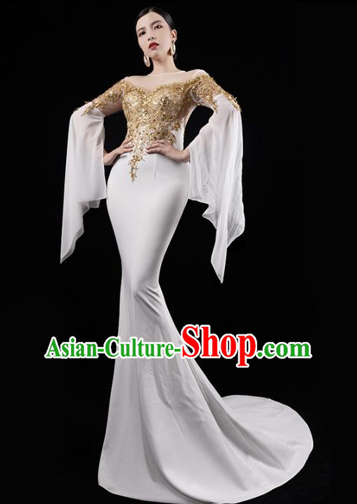 Top Grade Catwalk Performance Clothing Compere Full Dress Annual Meeting White Trailing Dress