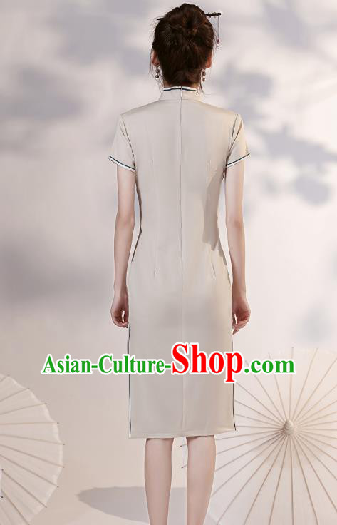 Chinese Embroidered Crane Short Cheongsam Clothing Classical Beige Satin Qipao Dress