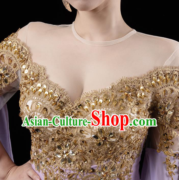 Top Grade Annual Meeting Lilac Trailing Dress Catwalk Performance Clothing Compere Full Dress