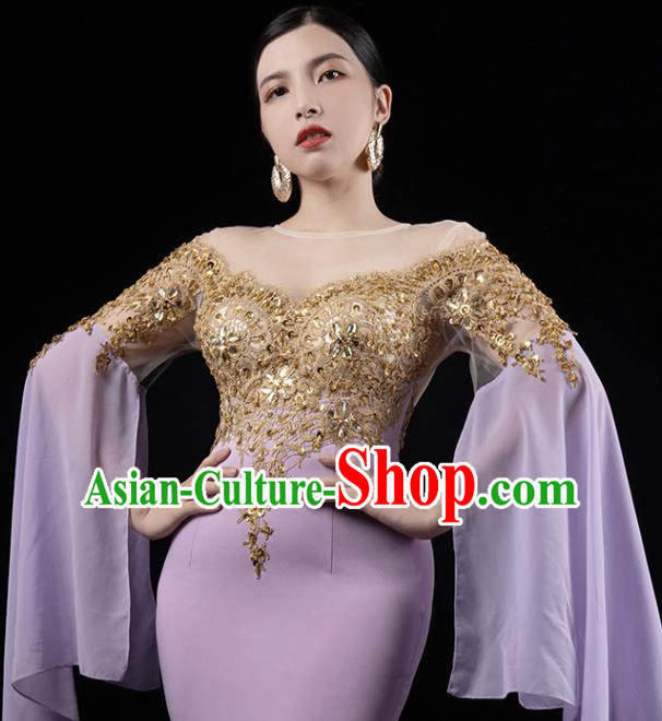 Top Grade Annual Meeting Lilac Trailing Dress Catwalk Performance Clothing Compere Full Dress