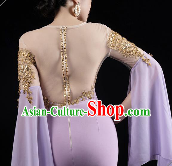 Top Grade Annual Meeting Lilac Trailing Dress Catwalk Performance Clothing Compere Full Dress