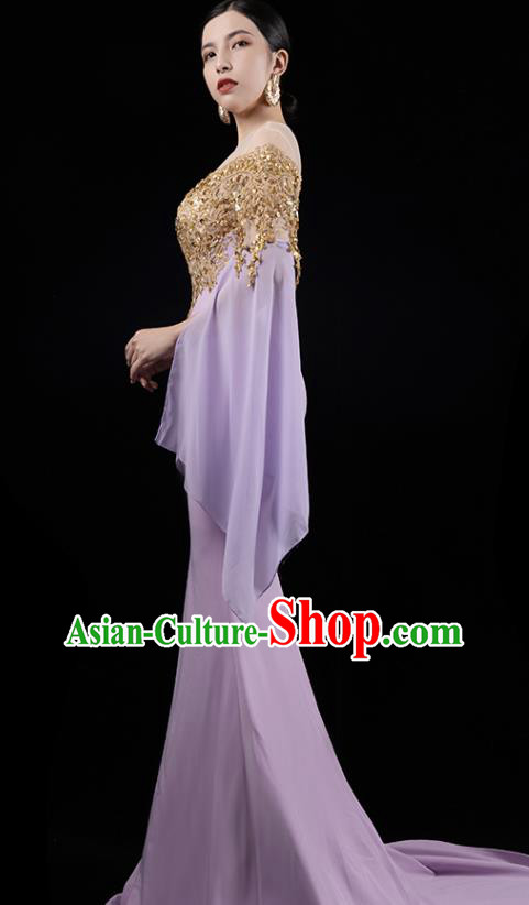 Top Grade Annual Meeting Lilac Trailing Dress Catwalk Performance Clothing Compere Full Dress