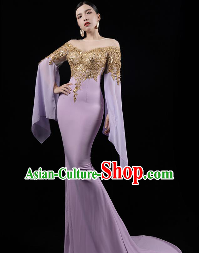 Top Grade Annual Meeting Lilac Trailing Dress Catwalk Performance Clothing Compere Full Dress