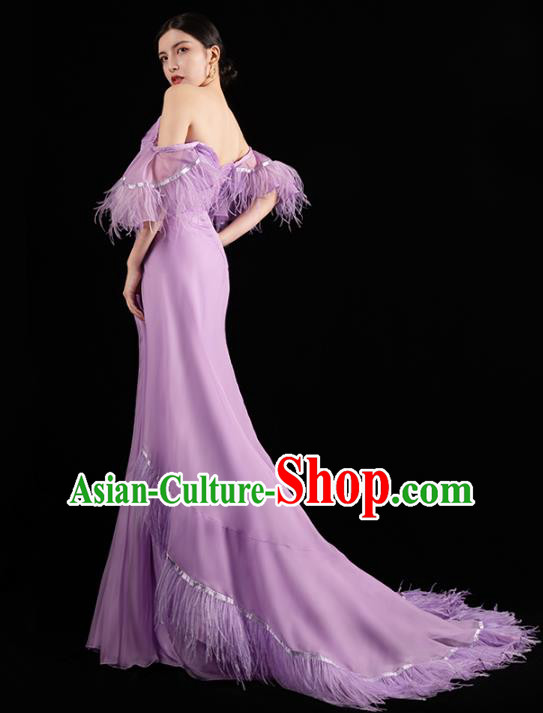 Top Grade Compere Violet Full Dress Catwalk Performance Clothing Annual Meeting Trailing Dress