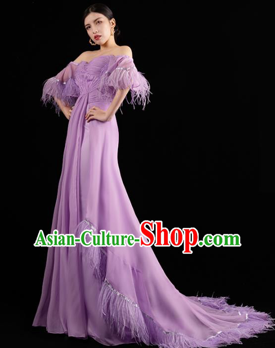 Top Grade Compere Violet Full Dress Catwalk Performance Clothing Annual Meeting Trailing Dress