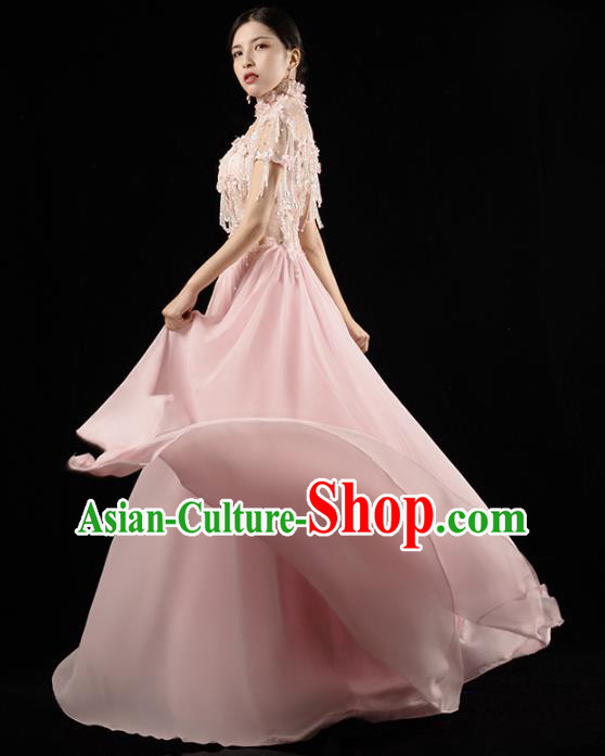 Top Grade Catwalk Pink Beads Tassel Dress Annual Meeting Performance Clothing Compere Full Dress