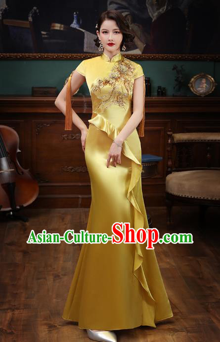 Chinese Catwalks Modern Dance Costume Stage Show Fishtail Qipao Dress Embroidery Golden Satin Cheongsam