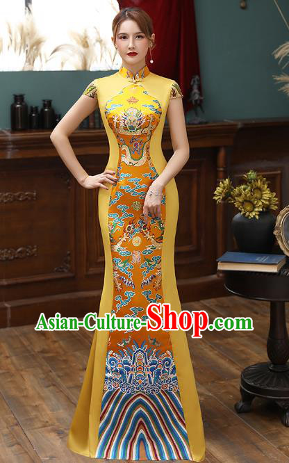 Chinese Stage Show Fishtail Qipao Dress Golden Brocade Cheongsam Modern Catwalks Costume