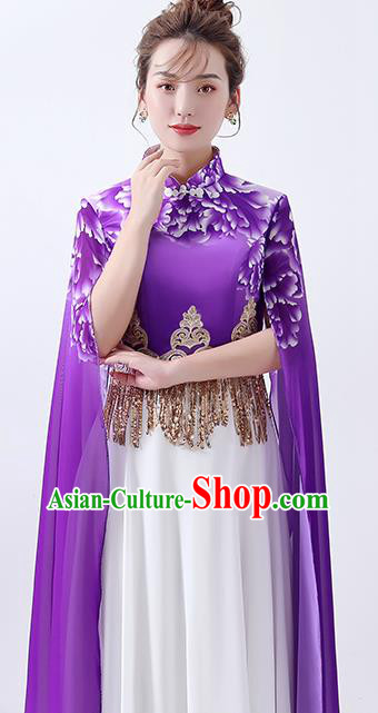 Chinese Classical Dance Cheongsam Chorus Performance Costume Printing Peony Purple Qipao Dress