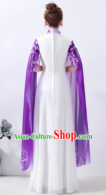 Chinese Classical Dance Cheongsam Chorus Performance Costume Printing Peony Purple Qipao Dress