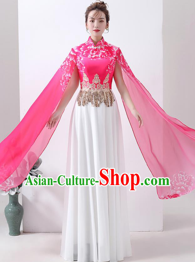 Chinese Printing Peony Rosy Qipao Dress Classical Dance Cheongsam Chorus Performance Costume