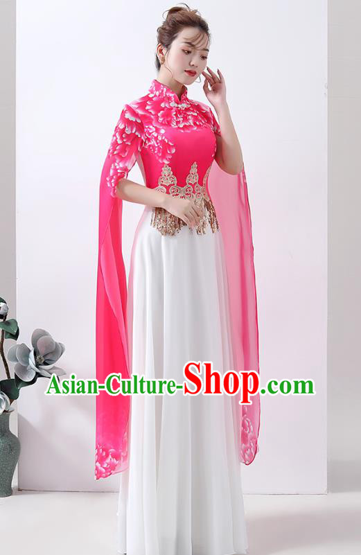 Chinese Printing Peony Rosy Qipao Dress Classical Dance Cheongsam Chorus Performance Costume
