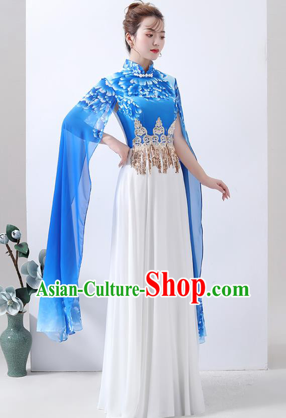 Chinese Chorus Performance Costume Printing Peony Blue Qipao Dress Classical Dance Cheongsam