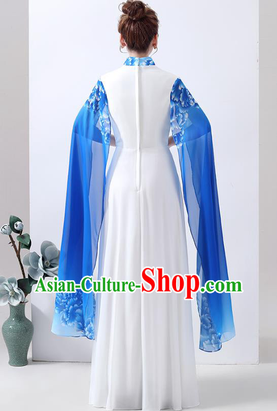 Chinese Chorus Performance Costume Printing Peony Blue Qipao Dress Classical Dance Cheongsam