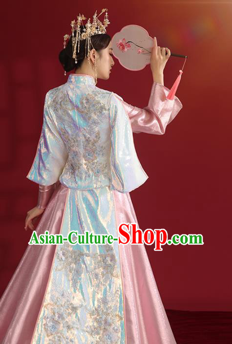 China Bride Dress Traditional Wedding Costumes Classical Embroidered Pink Xiuhe Suit