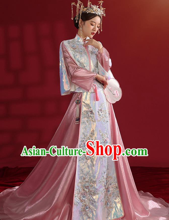 China Bride Dress Traditional Wedding Costumes Classical Embroidered Pink Xiuhe Suit