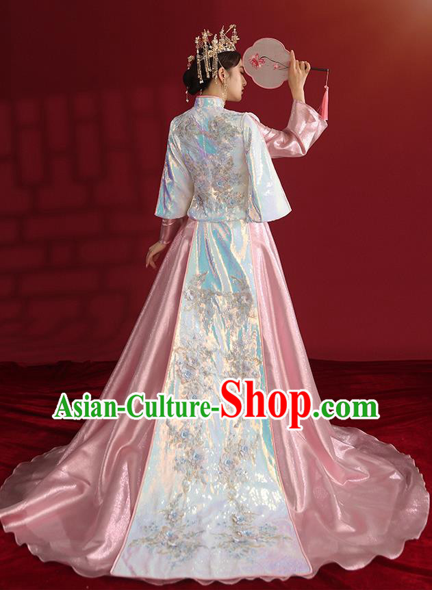 China Bride Dress Traditional Wedding Costumes Classical Embroidered Pink Xiuhe Suit