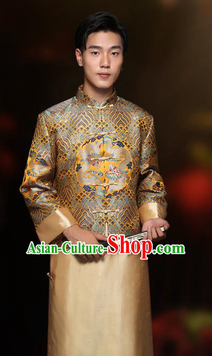 Chinese Classical Bridegroom Clothing Traditional Wedding Costume Golden Mandarin Jacket and Long Robe