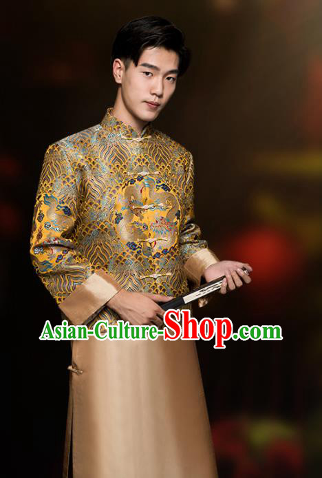 Chinese Classical Bridegroom Clothing Traditional Wedding Costume Golden Mandarin Jacket and Long Robe