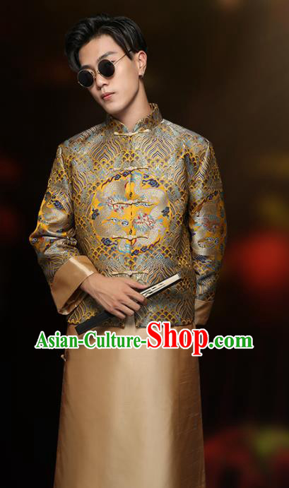 Chinese Classical Bridegroom Clothing Traditional Wedding Costume Golden Mandarin Jacket and Long Robe