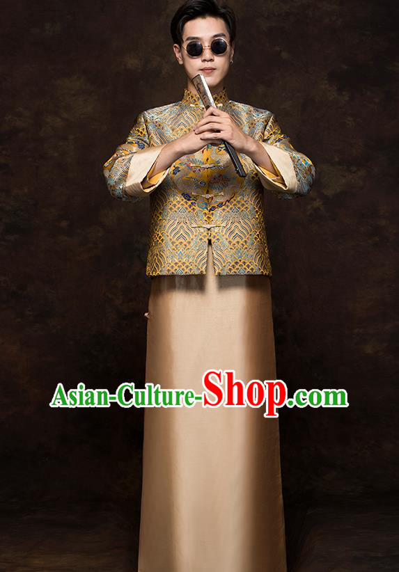 Chinese Classical Bridegroom Clothing Traditional Wedding Costume Golden Mandarin Jacket and Long Robe