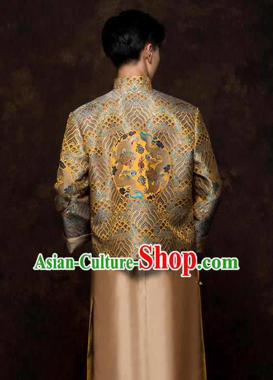 Chinese Classical Bridegroom Clothing Traditional Wedding Costume Golden Mandarin Jacket and Long Robe
