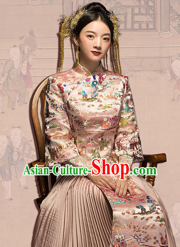 China Classical Embroidered Pink Xiuhe Suit Bride Dress Traditional Wedding Costumes
