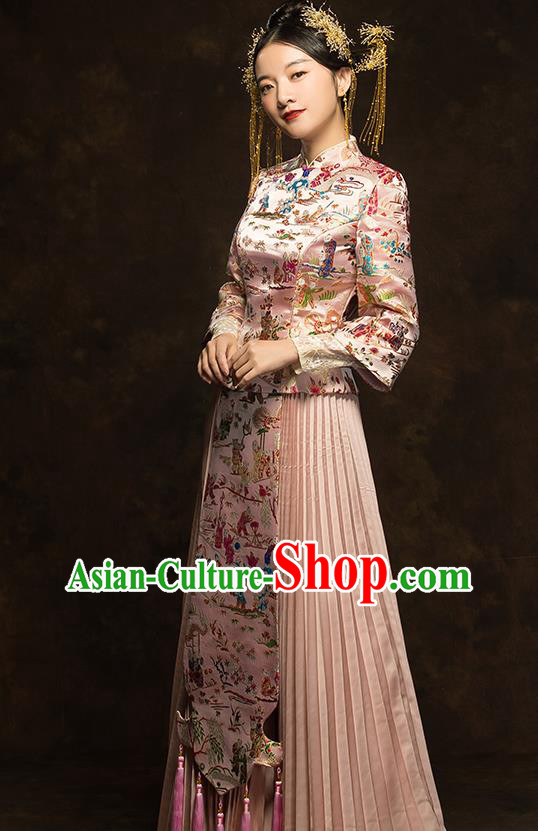 China Classical Embroidered Pink Xiuhe Suit Bride Dress Traditional Wedding Costumes