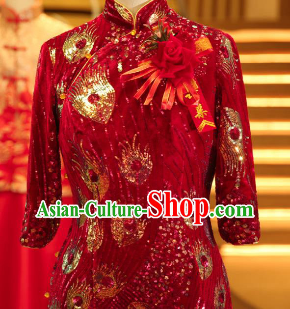 Chinese Traditional Mother Red Qipao Dress Wedding Elderly Woman Velvet Cheongsam