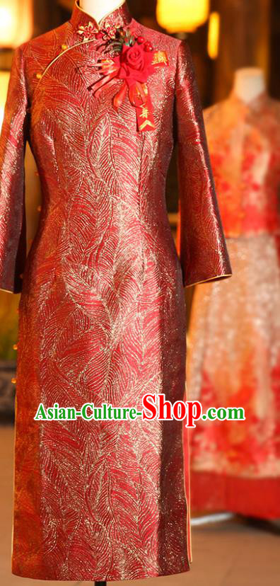 Chinese Elderly Woman Red Brocade Cheongsam Traditional Wedding Mother Qipao Dress