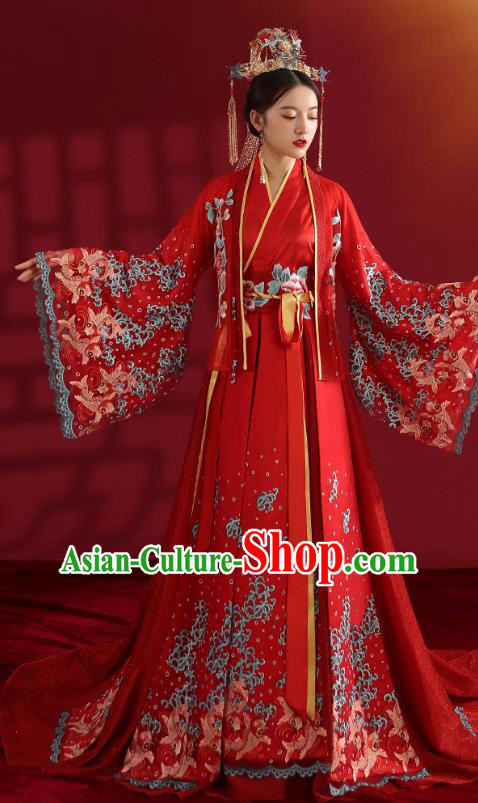 China Classical Embroidered Red Wedding Dress Traditional Ancient Empress Hanfu Costumes