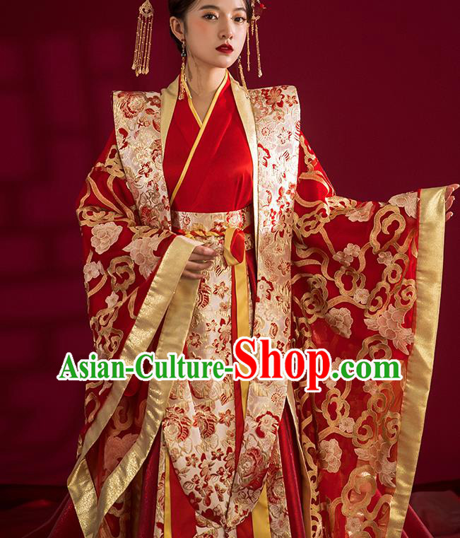 China Traditional Tang Dynasty Wedding Costumes Ancient Empress Red Embroidered Dress