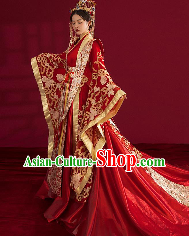China Traditional Tang Dynasty Wedding Costumes Ancient Empress Red Embroidered Dress