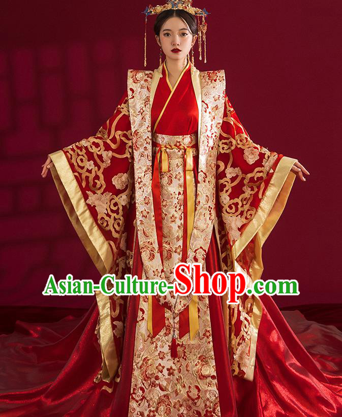 China Traditional Tang Dynasty Wedding Costumes Ancient Empress Red Embroidered Dress