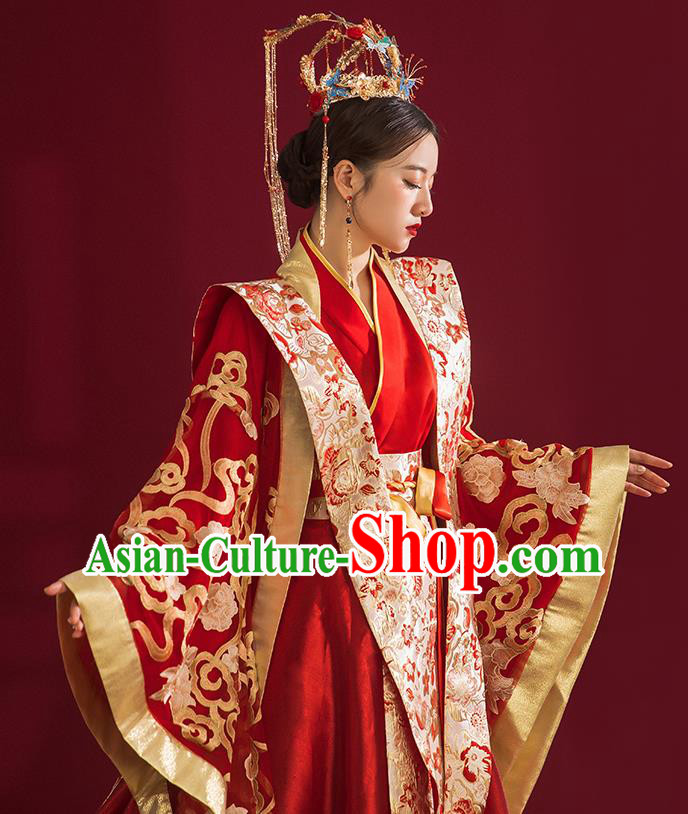China Traditional Tang Dynasty Wedding Costumes Ancient Empress Red Embroidered Dress