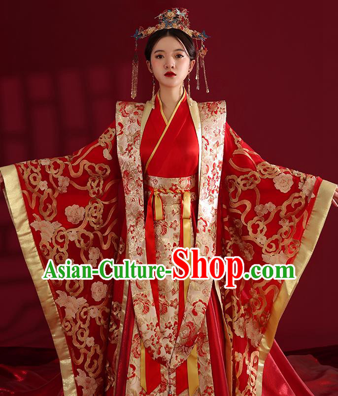 China Traditional Tang Dynasty Wedding Costumes Ancient Empress Red Embroidered Dress