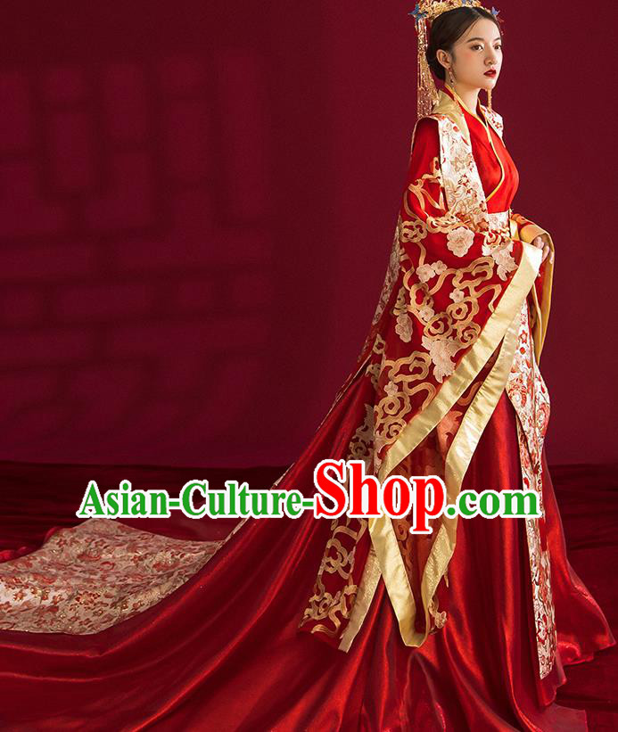 China Traditional Tang Dynasty Wedding Costumes Ancient Empress Red Embroidered Dress
